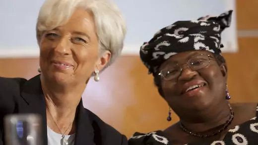 International Monetary Fund Managing Director Christine Lagarde speaks with Nigeria's Minister of Finance Ngozi Okonjo-Iweala during a conference on "Africa's Future: Responding to Today's Global Economic Challenges" in Lagos, December 20, 2011.