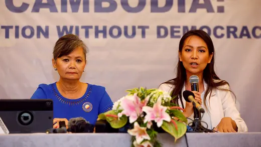 Deputy Director for Foreign Affairs of Cambodia National Rescue Party (CNRP), Monovithya Kem (R) speaks during a press conference as Vice President of CNRP, Mu Sochua (L), looks on in Jakarta, Indonesia, July 30, 2018. REUTERS/Willy Kurniawan