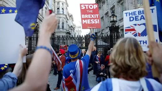 Anti-Brexit protesters shout outside Downing Street in London.