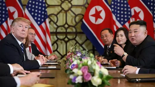 Trump and Kim speak during their second summit in Hanoi. 