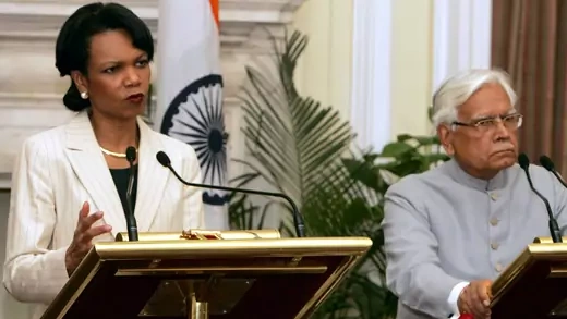 Natwar Singh greets Condoleezza Rice.