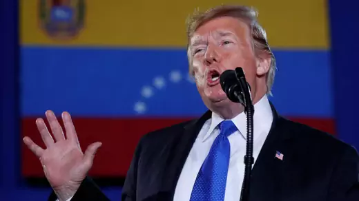 U.S. President Donald Trump speaks about the crisis in Venezuela during a visit to Florida International University in Miami, Florida, U.S., February 18, 2019.