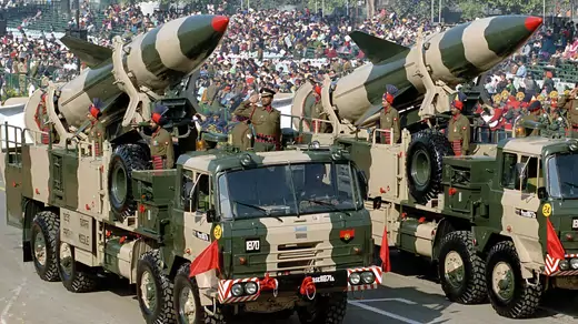 A missile on display during a Republic Day parade in New Delhi. 