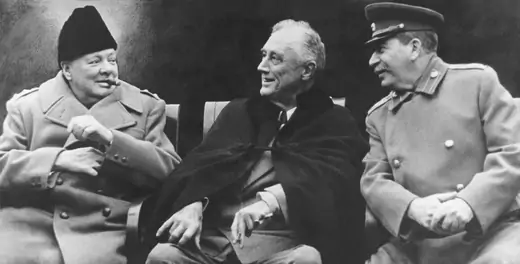 Winston Churchill, Franklin Roosevelt, and Joseph Stalin together after negotiations at the Yalta Conference of 1945. 