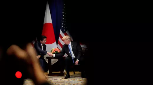 U.S. President Donald Trump greets Japan's Prime Minister Shinzo Abe during a bilateral meeting on the sidelines of the United Nations General Assembly in New York on September 26, 2018.