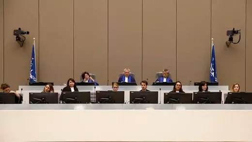 Judges are pictured in the courtroom during the trial of Bosco Ntaganda at the International Criminal Court.