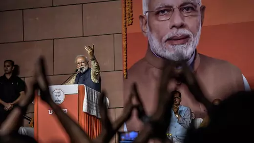 Narendra Modi speaks to the victorious party workers at the BJP party head quarters in New Delhi, India.