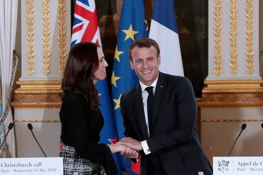 French President Emmanuel Macron and New Zealand's Prime Minister Jacinda Ardern hold a news conference during the 'Christchurch Call Meeting' at the Elysee Palace in Paris, France May 15, 2019.