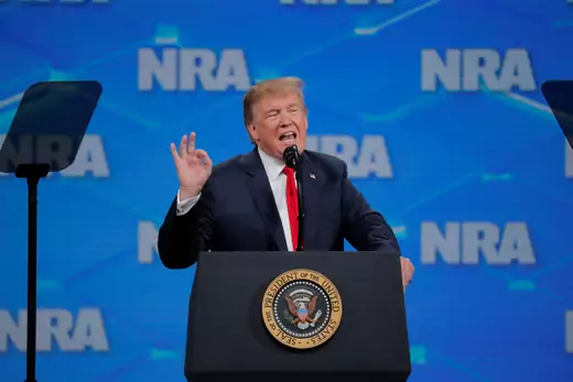 U.S. President Donald Trump gestures as he addresses the 148th National Rifle Association (NRA) annual meeting in Indianapolis, Indiana, U.S., April 26, 2019.
