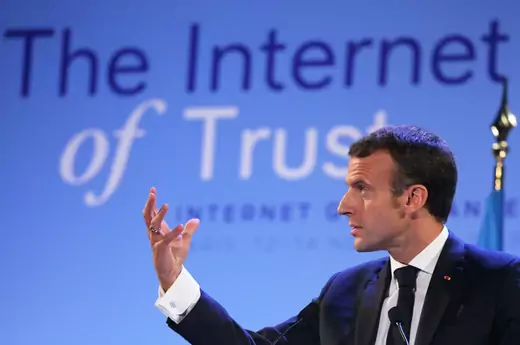 French President Emmanuel Macron delivers a speech during the opening session of the Internet Governance Forum in Paris, France, on November 12, 2018.