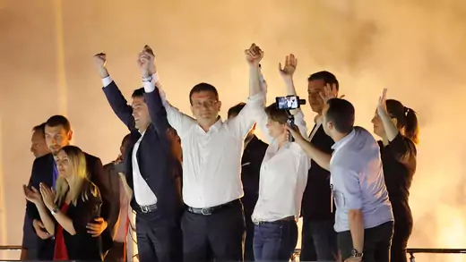 Ekrem Imamoglu, mayoral candidate of Turkey's main opposition party, at a rally in Istanbul.