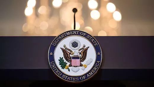 A view of the State Department seal on a podium at the State Department in Washington, DC. 