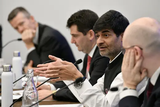 Samir Saran discussing what the future of the world order should look like in the first session of the conference. 