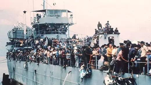 More than 7,000 refugees on a South Vietnamese Navy ship arrive at Vung Tau port in South Vietnam.