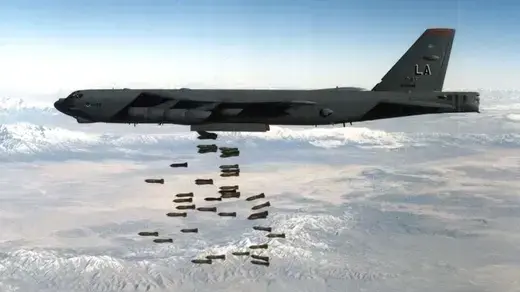 A B-52 drops a load of bombs in Afghanistan.