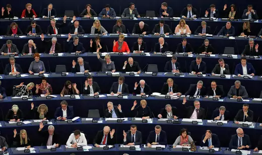 Members of the European Parliament take part in a voting session in Strasbourg, France.