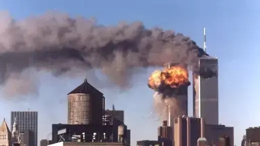 World trade center towers burning on 9/11.