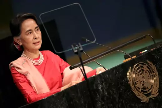 Myanmar's Minister of Foreign Affairs Aung San Suu Kyi addresses the 71st United Nations General Assembly in Manhattan, New York on September 21, 2016. 