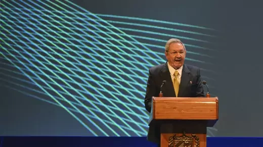 Raul Castro speaks at podium.