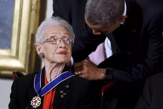 President Barack Obama presents the Presidential Medal of Freedom to NASA mathematician Katherine G. Johnson at the White House on November 24, 2015. 