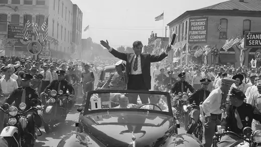 Wendell Willkie waves to the crowd on his arrival for the ceremonies attending formal notification of his nomination by the Republican party as their candidate in the 1940 U.S. presidential election. 