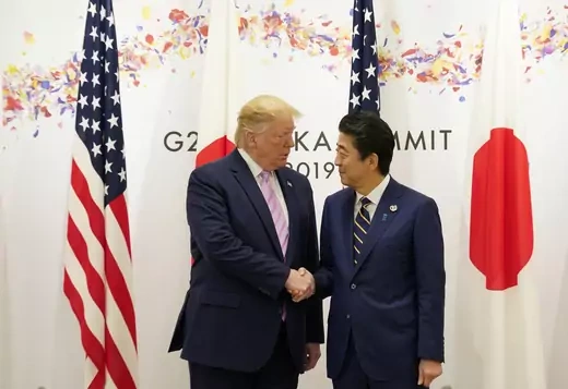 U.S. President Donald Trump and Japanese Prime Minister Shinzo Abe during the G20 leaders summit in Osaka, Japan, on June 28, 2019.