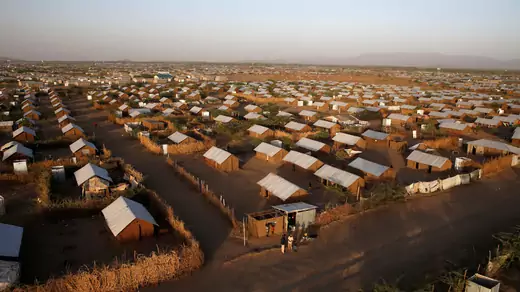 An aerial view shows rows upon rows of recently constructed shacks at the Kakuma refugee camp.