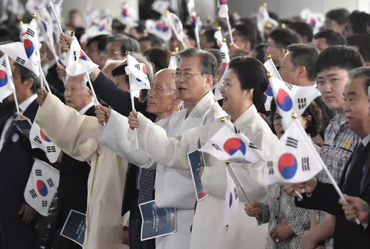 South Korean President Moon Jae-in and his wife Kim Jung-sook at a ceremony to mark the 74th anniversary of Korea's liberation from Japan's 1910-45 rule, at the Independence Hall of Korea in Cheonan on August 15, 2019.