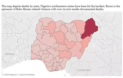 Map of Nigeria shaded to reflect NST-documented deaths per state.