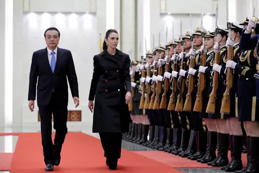 New Zealand Prime Minister Jacinda Ardern and China's Premier Li Keqiang attend a welcome ceremony at the Great Hall of the People in Beijing, China, April 1, 2019.