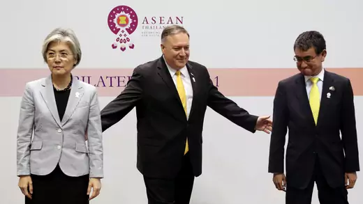 U.S. Secretary of State Mike Pompeo poses with Japanese counterpart Taro Kono and South Korean counterpart Kang Kyung-wha after a meeting on the sidelines of the ASEAN and dialogue partners foreign ministers' meeting in Bangkok, Thailand August 2, 2019.
