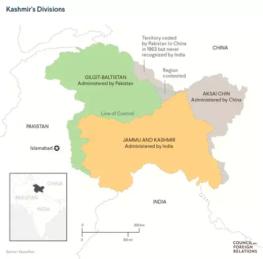 A map shows India-controlled Jammu and Kashmir and the Pakistan-controlled and China-controlled parts of the region. 