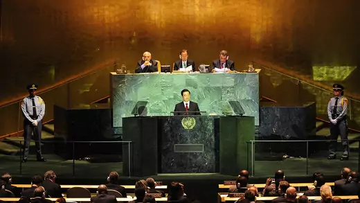 Chinese President Hu Jintao speaks before UN delegates. 