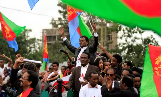 Eritrean refugees participate in a demonstration in support of a U.N. human rights report accusing Eritrean leaders of crimes against humanity in front of the Africa Union headquarters in Ethiopia's capital Addis Ababa, June 23, 2016