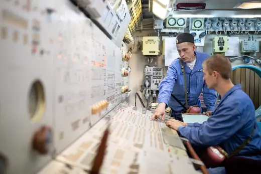 Crew members of the Russian Navy’s Akula nuclear-powered ballistic missile submarine.