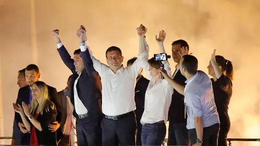 Ekrem Imamoglu, mayoral candidate of Turkey's main opposition party, greets supporters at a rally in Istanbul.