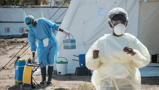 Medical staff outside of cholera treatment tents in Beira, Mozambique