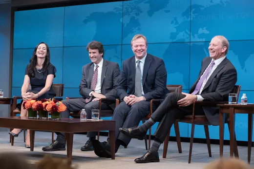 Vice President and Deputy Director of Studies Shannon K. O’Neil; Senior Fellows Edward Alden and Brad W. Setser; and CFR President Richard N. Haass speak on a panel at CFR’s Annual Dinner in New York.
