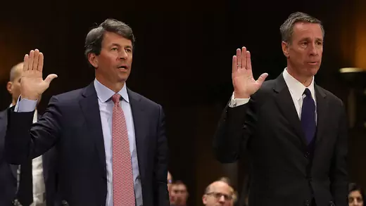 Mark Begor (left), CEO of Equifax, and Arne Sorenson, CEO of Marriott International, are sworn in during a Senate Homeland Security and Governmental Affairs Committee hearing on data breaches, March 7, 2019.