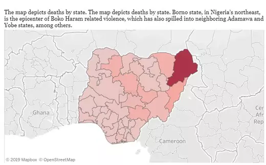 Map of Nigeria shaded to reflect NST-documented deaths per state.