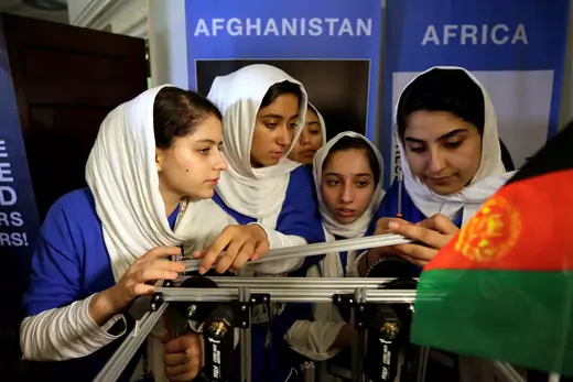 All-girl team from Afghanistan prepares to compete in first international robot Olympics.
