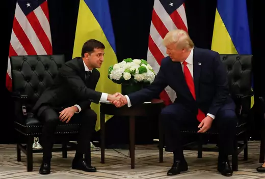 Ukrainian President Volodymyr Zelensky speaks with President Trump at the United Nations General Assembly on September 25.