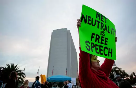 Supporters of Net Neutrality protest the FCC's decision to repeal the program in Los Angeles, California, November 28, 2017. 