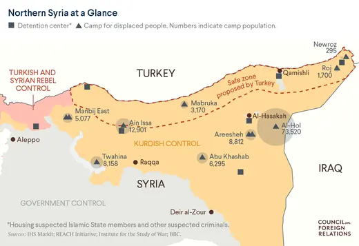 A map shows which areas are controlled by Turkish forces, Kurdish forces, and Syrian government forces in northern Syria.