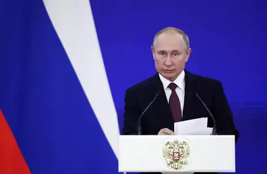 Russian President Vladimir Putin delivers a speech at the Kremlin in Moscow on November 4. 