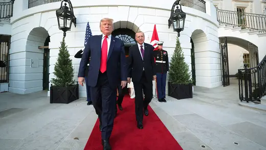 U.S. President Donald J. Trump and Turkish President Recep Tayyip Erdogan walk out of the White House.