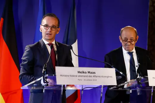 German Foreign Affairs Minister Heiko Maas delivers a speech next to his French counterpart Jean-Yves Le Drian.