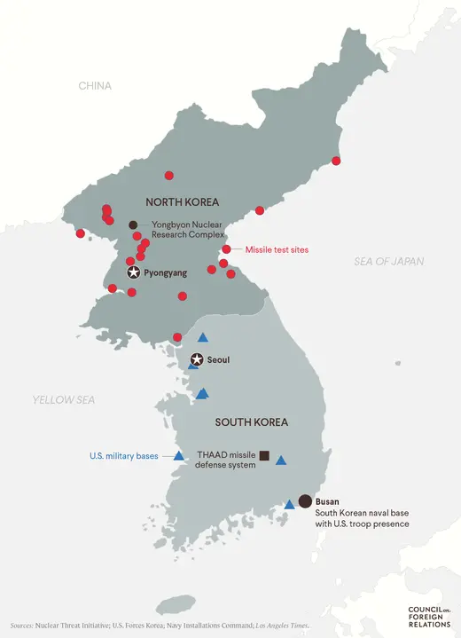 Map showing missile sites in North Korea and military bases in South Korea