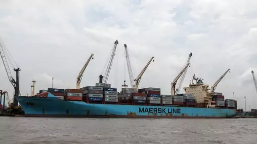 A Danish vessel also known as Maersk berth at the Lagos Tin-Can Island container terminal in Apapa, on October 7, 2015.
