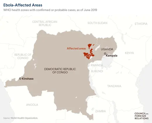 Map showing areas affected by Ebola outbreak in the Democratic Republic of Congo